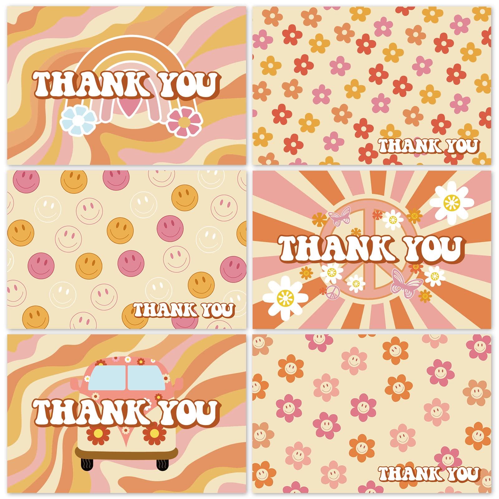 Whaline 36Pcs Groovy Retro Hippie Thank You Cards Thanksgiving Boho Floral Greeting Cards with Envelops and Stickers Rainbow Flower Note Card for Birthday Wedding Bridal Shower Party Decor, 4 x 6inch