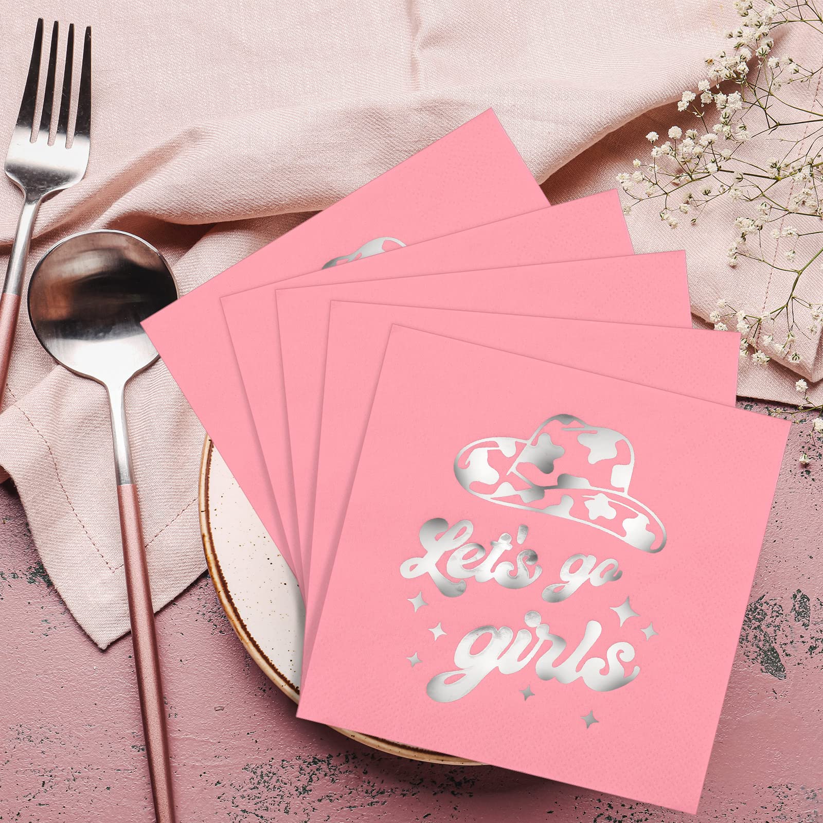 100 Pcs Let's Go Girls Napkins, Hot Pink Silver Foil Bachelorette Party Decorations Cocktail Napkins, Western Cowgirl Disco Last Bachelorette Bridal Shower Birthday Party Supply, 2 ply, 5 x 5"