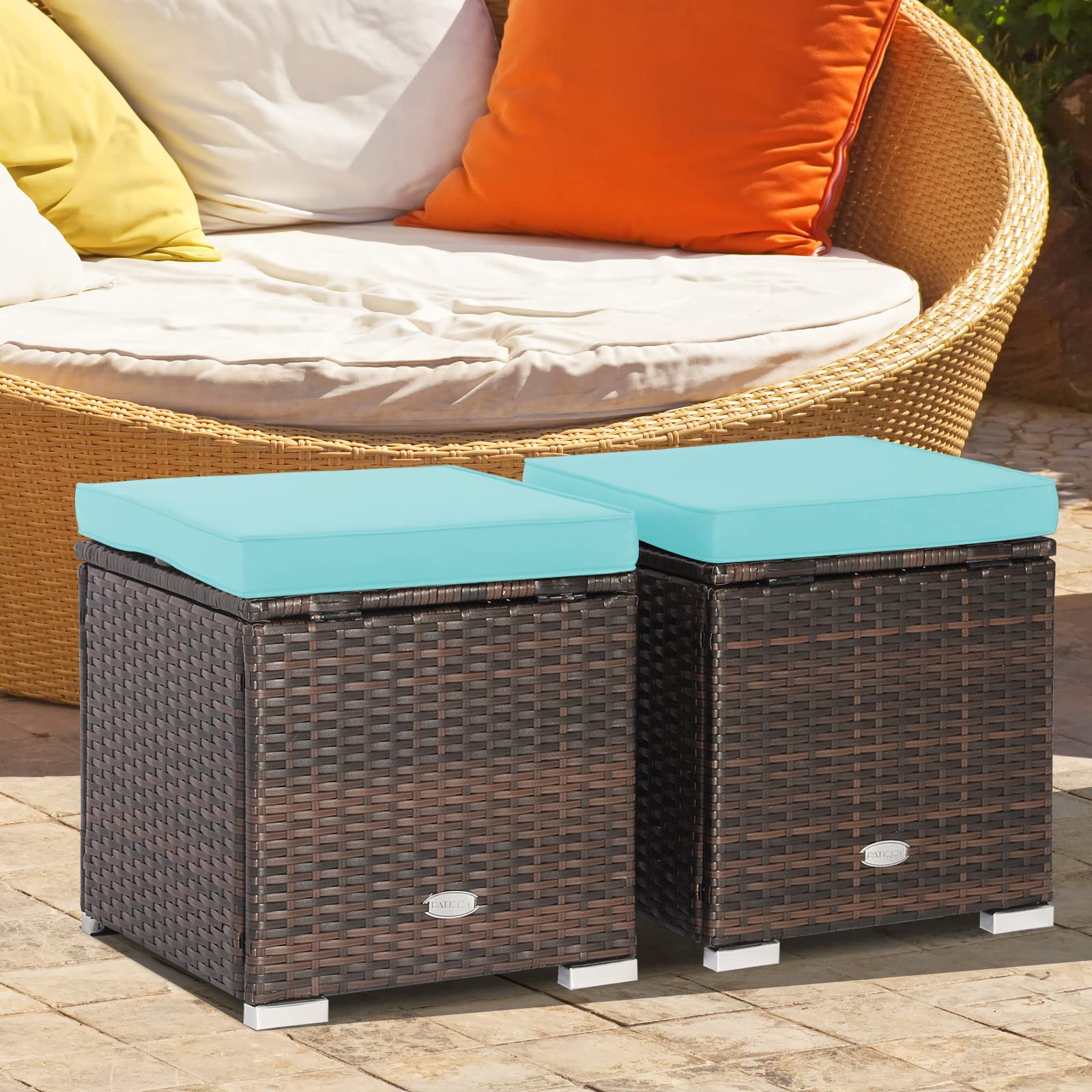 Tangkula 2 Pieces Patio Ottomans, Patiojoy Hand-Woven PE Rattan Side Table with Removable Cushion & Hidden Storage Space, Multifunctional Storage Box, Seat for Patio, Backyard, Poolside (Turquoise)