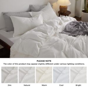 Bedsure 100% Washed Cotton Duvet Cover Queen Size - Natural White Minimalist Duvet Cover for All Seasons - 3 Pieces Plain Simple Cotton Duvet Cover Set with 2 Pillow Shams (White, Queen, 90"x90")