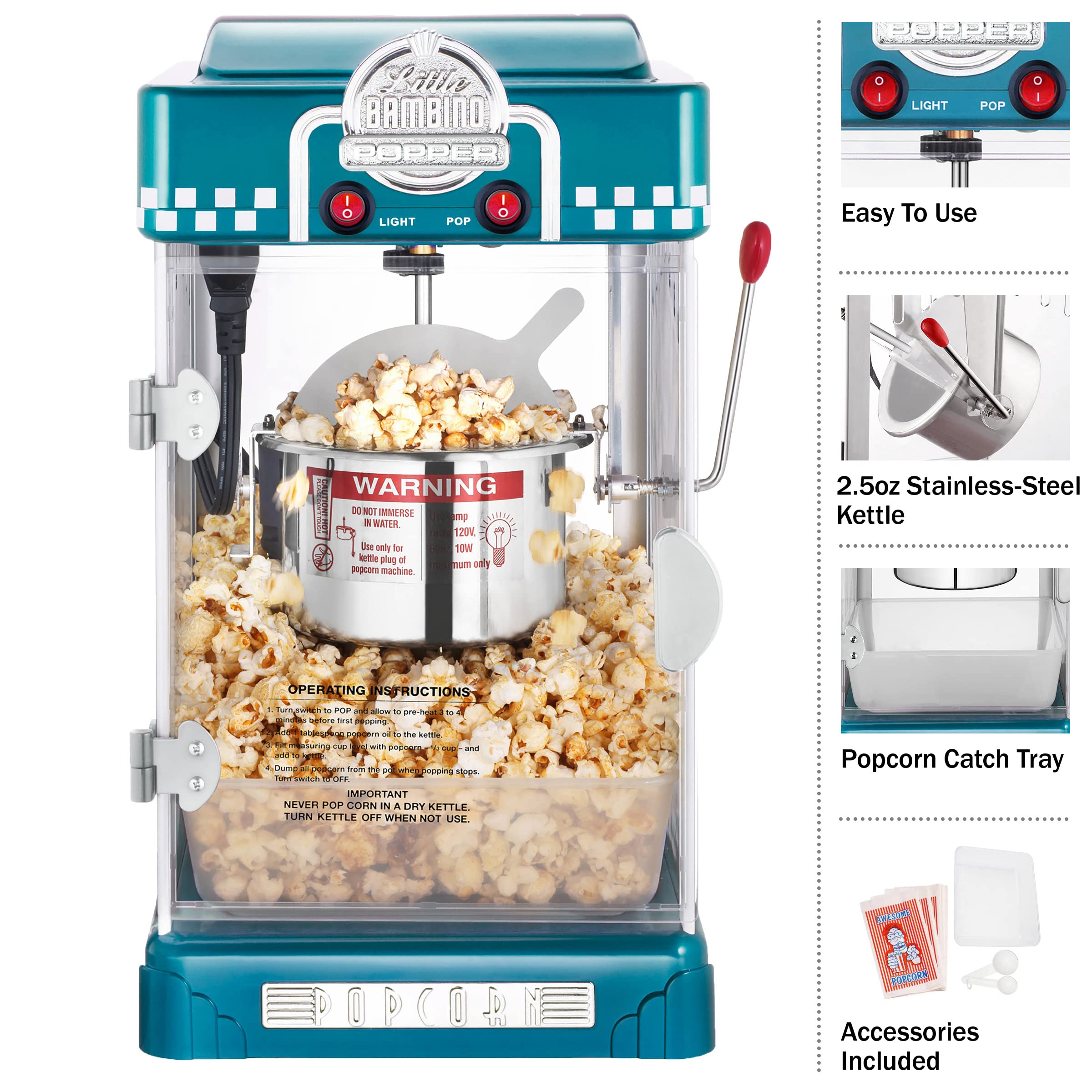 Little Bambino Popcorn Machine - 2.5oz Tabletop Movie Theater Popcorn Popper with Stainless-Steel Kettle by Great Northern Popcorn (Blue)