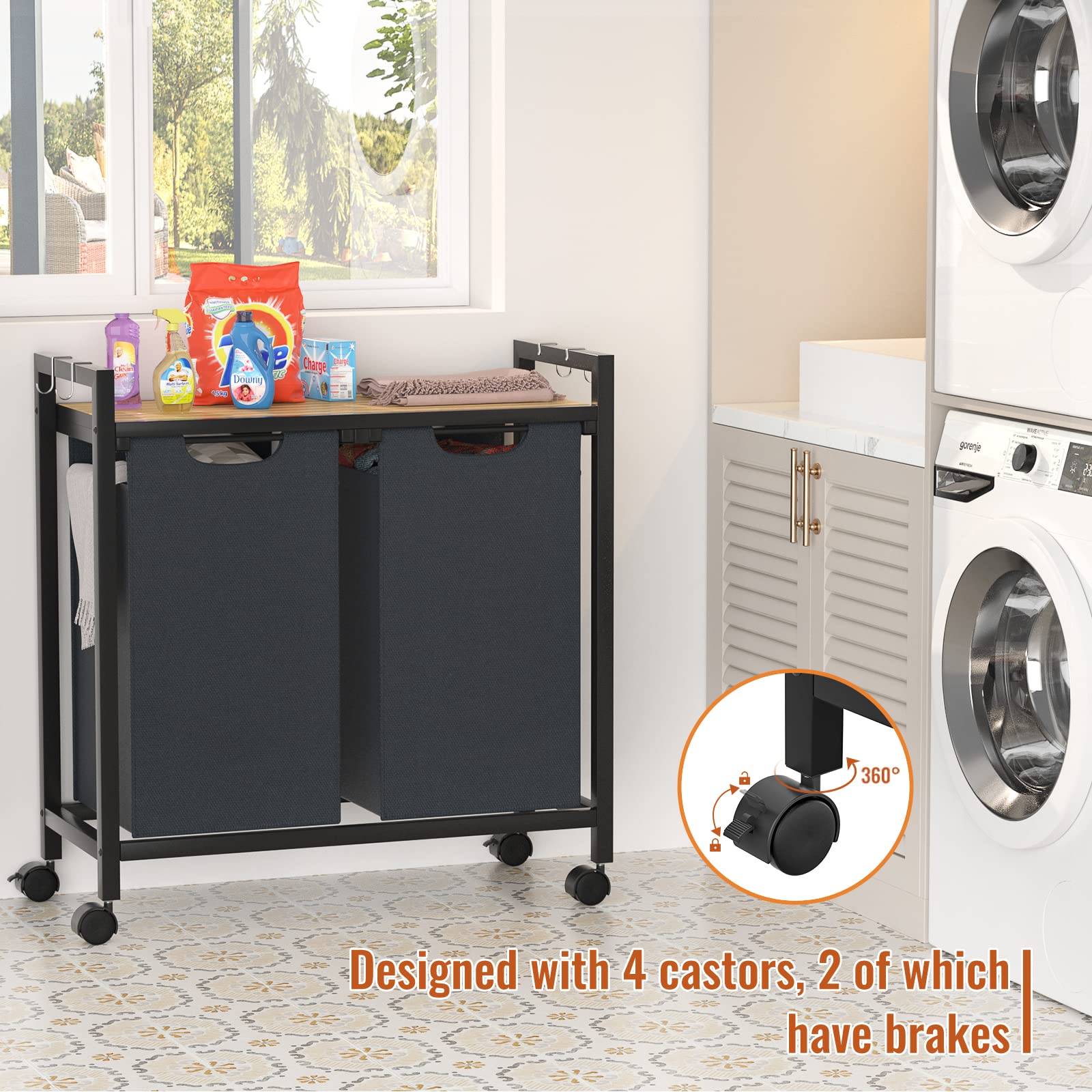 Homykic Pull-Out Laundry Hamper with Wheels and Bamboo Shelf, 2-Section 100L Laundry Organizer Sorter Cart with Removable Laundry Bags and 4 Hooks, Sturdy Metal Frame, Natural&Black