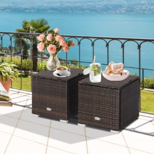 Tangkula 2 Pieces Patio Ottomans, Patiojoy Hand-Woven PE Rattan Side Table with Removable Cushion & Hidden Storage Space, Multifunctional Storage Box, Seat for Patio, Backyard, Poolside (Turquoise)