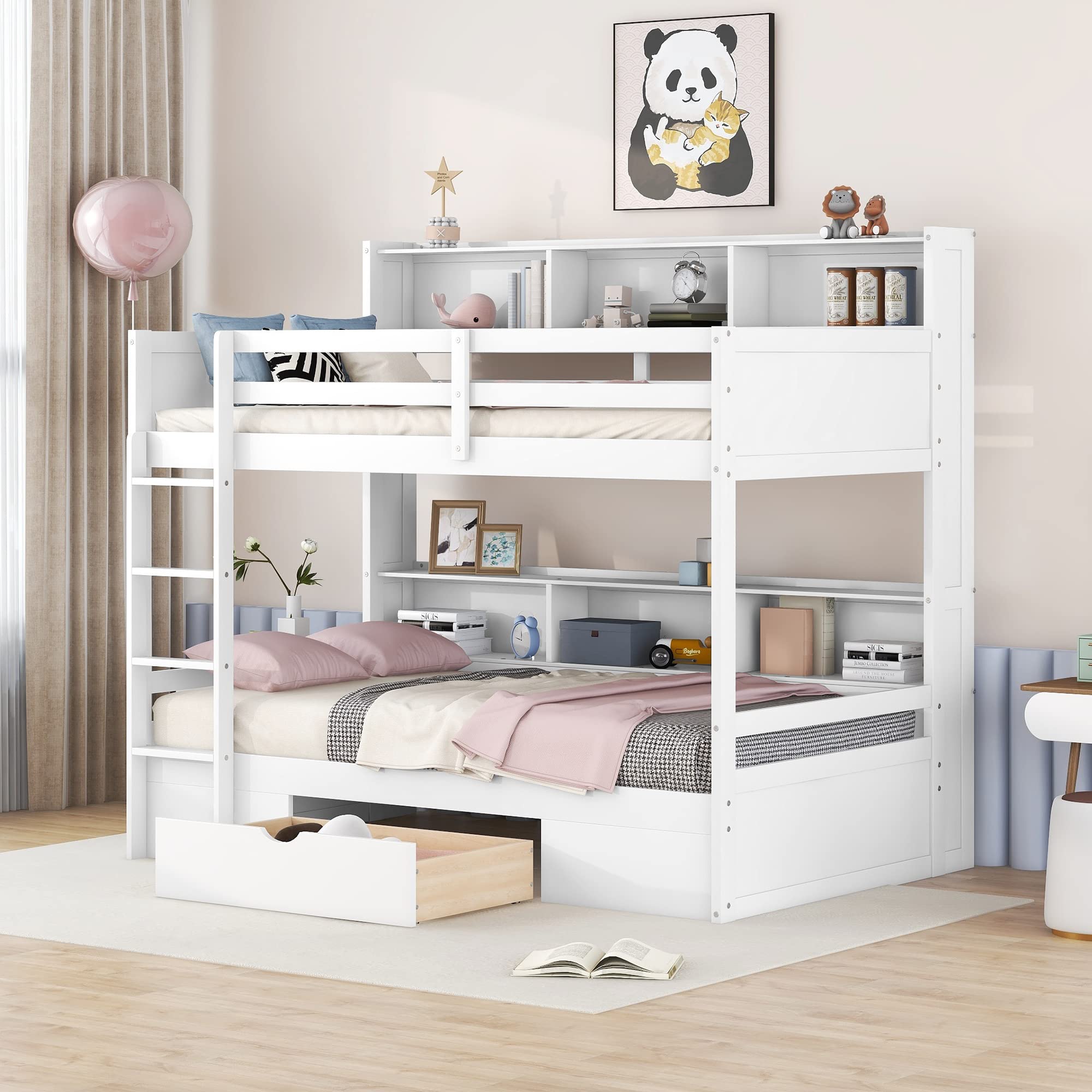 Harper & Bright Designs Bunk Bed Twin Over Twin with Storage,Wood Twin Bunk Beds with Built-in Shelves Beside Both Upper & Down Bed,Multi Storage Bunk Beds with Drawer for Kids Girls Boys,White