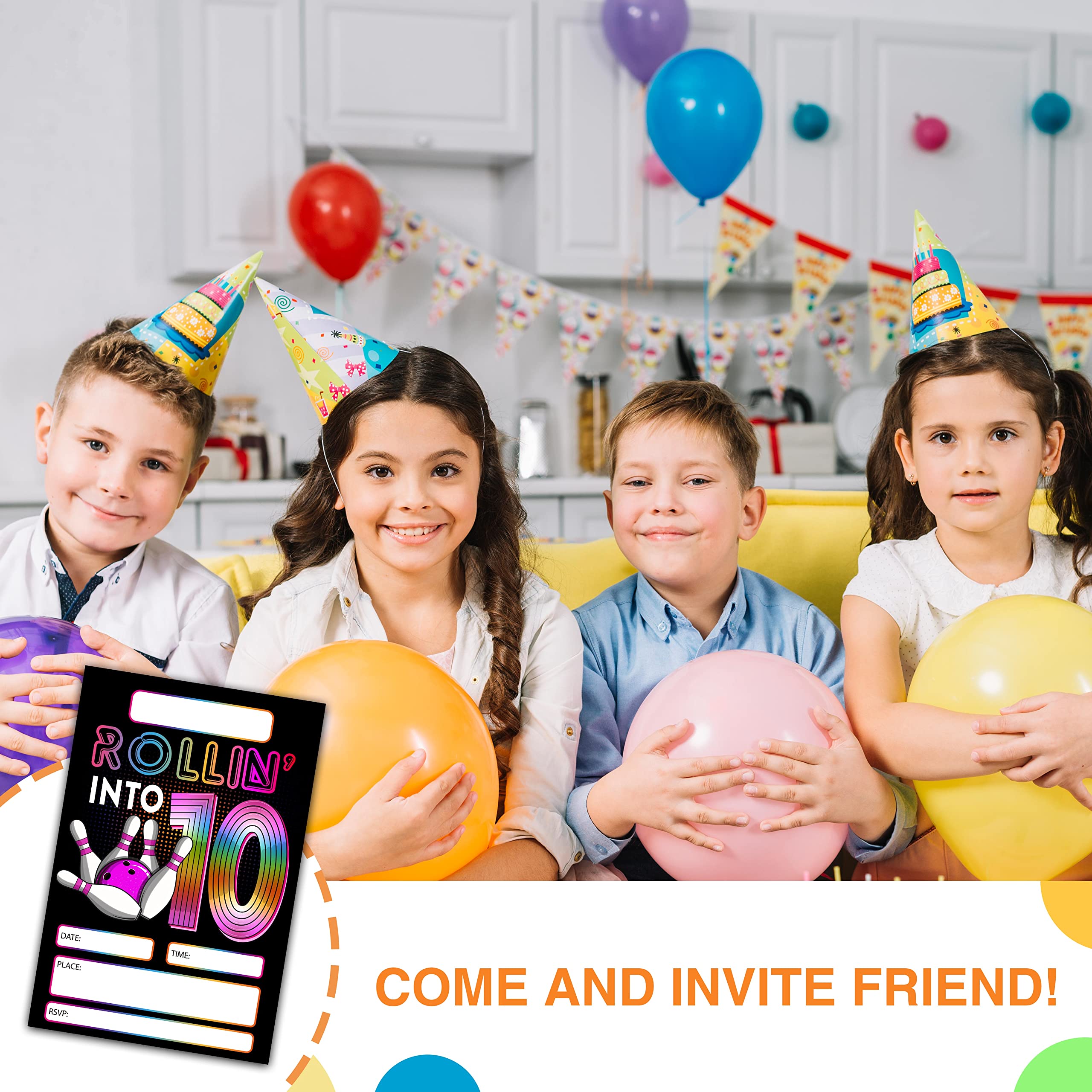 DETIHO 4" x 6" Bowling 10th Birthday Party Invitation Cards With Envelopes - Rolling Into 10 - Retro Bowling Party Invitation - 20 Sets - E62