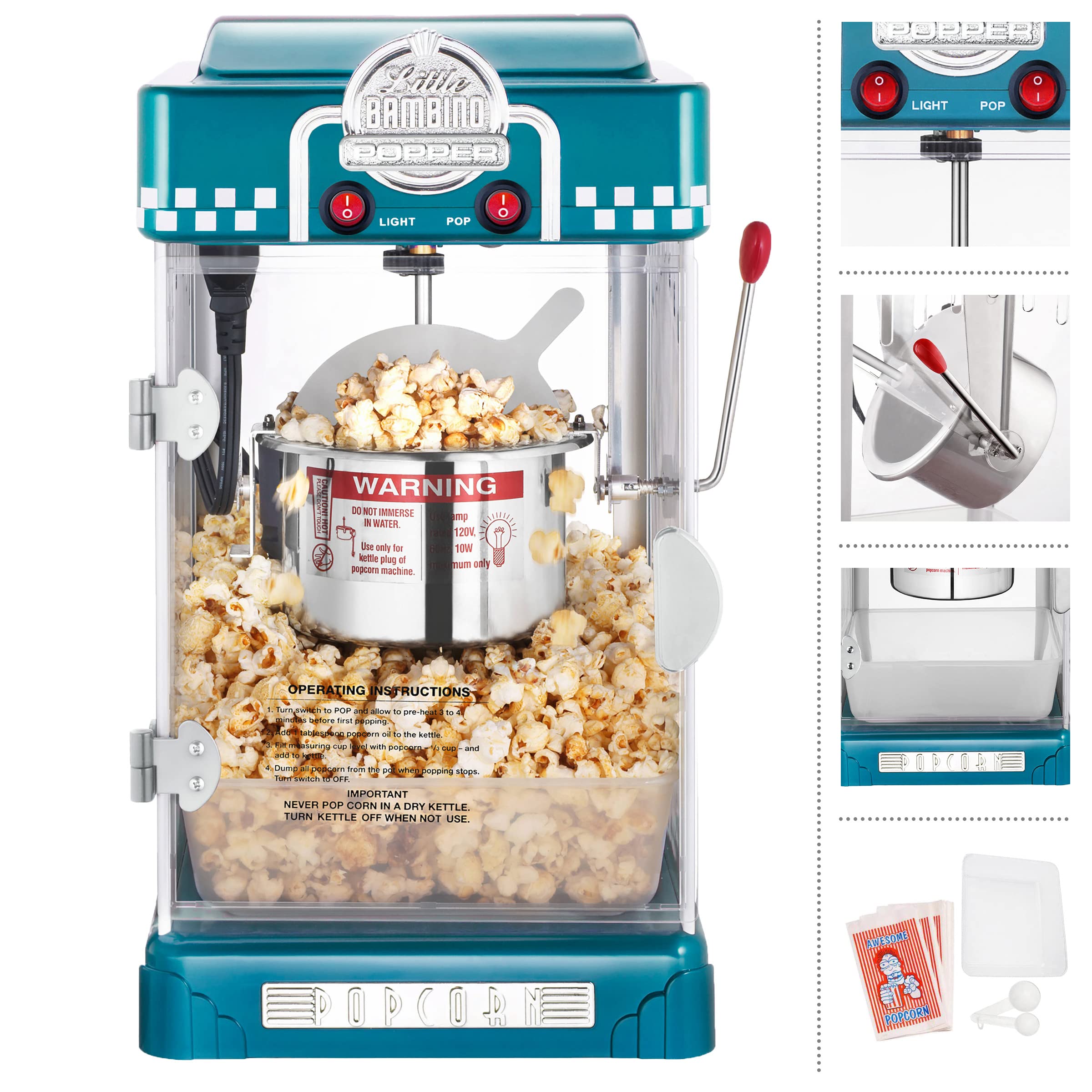 Little Bambino Popcorn Machine - 2.5oz Tabletop Movie Theater Popcorn Popper with Stainless-Steel Kettle by Great Northern Popcorn (Blue)