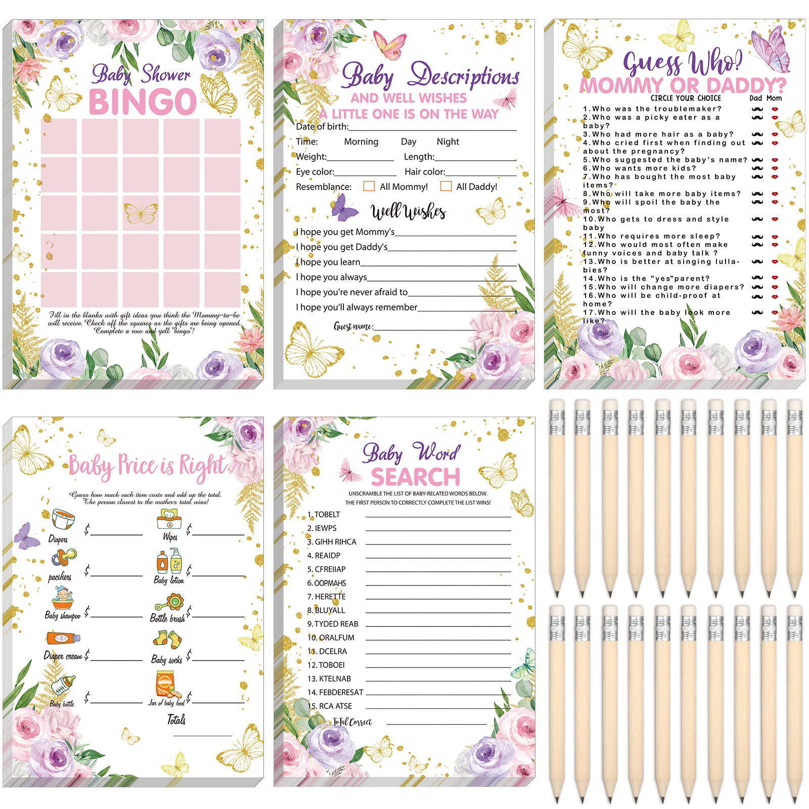 Sinmoe 145 Pieces Baby Shower Games 5 Games Set Baby Shower Games Activities with 20 Pencils Funny Baby Shower Games Include Baby Descriptions and Wishes, Guess Who, Bingo Game(Butterfly)