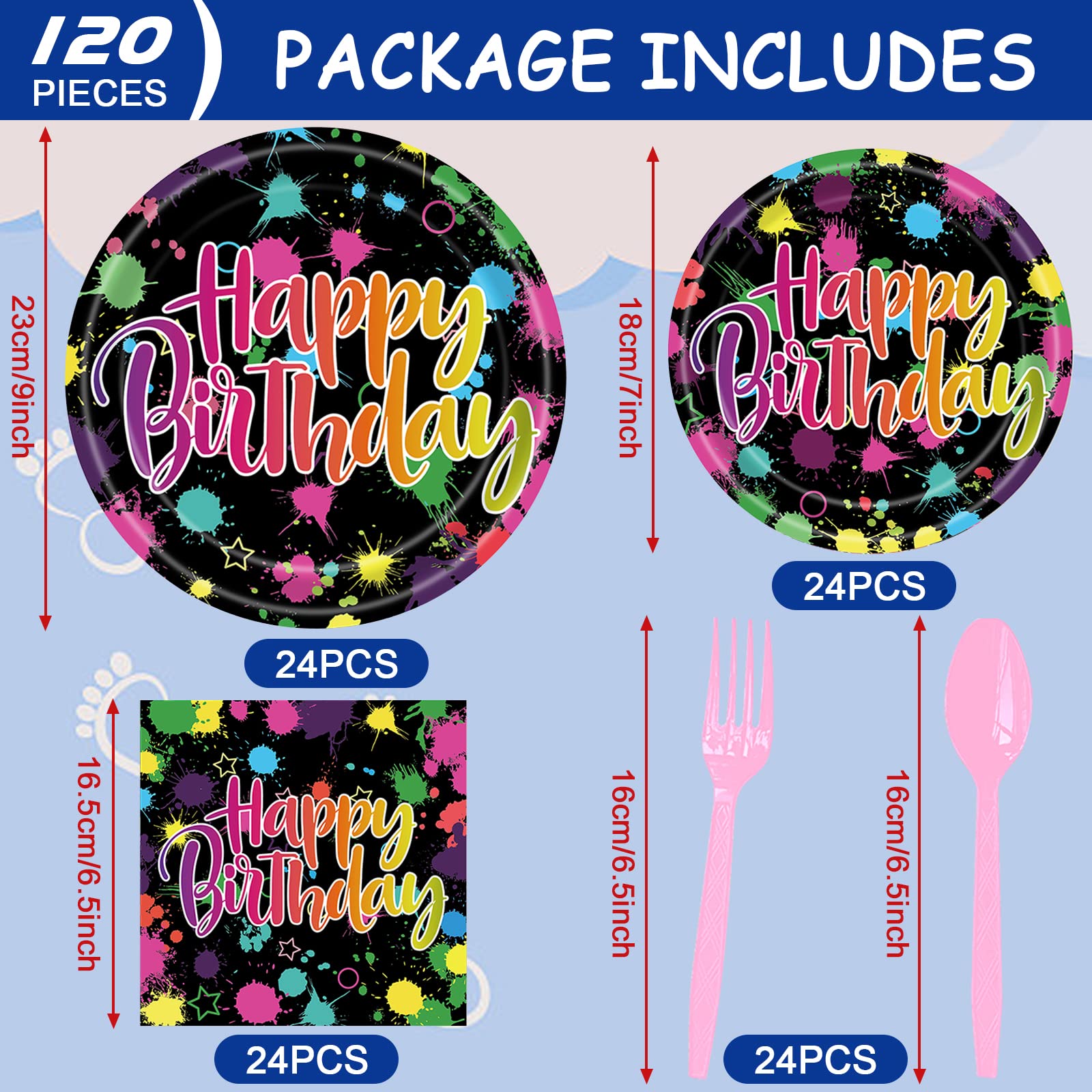 TeeFity 120 Pcs Neon Glow Birthday Party Tableware Set, Party Table Decorations Supplies Include 7 Inch and 9 Inch Paper Plates, Napkins and Forks Spoons for 24 Guests