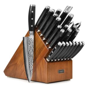 enso knife set - made in japan - hd series - vg10 hammered damascus japanese stainless steel with acacia knife block - 25 piece