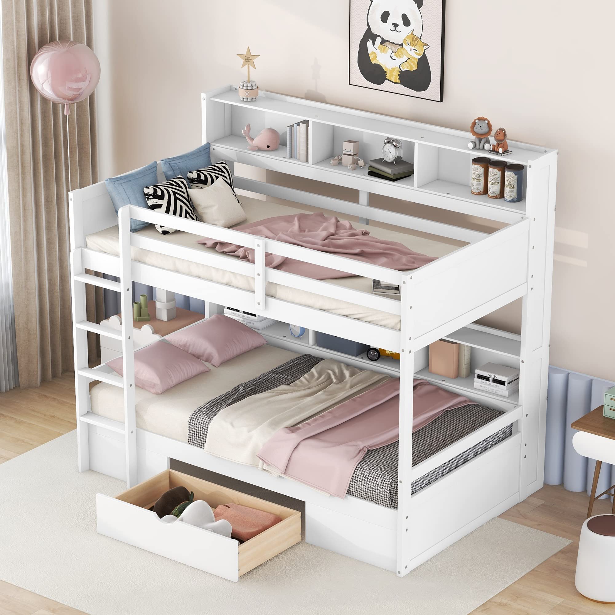 Harper & Bright Designs Bunk Bed Twin Over Twin with Storage,Wood Twin Bunk Beds with Built-in Shelves Beside Both Upper & Down Bed,Multi Storage Bunk Beds with Drawer for Kids Girls Boys,White