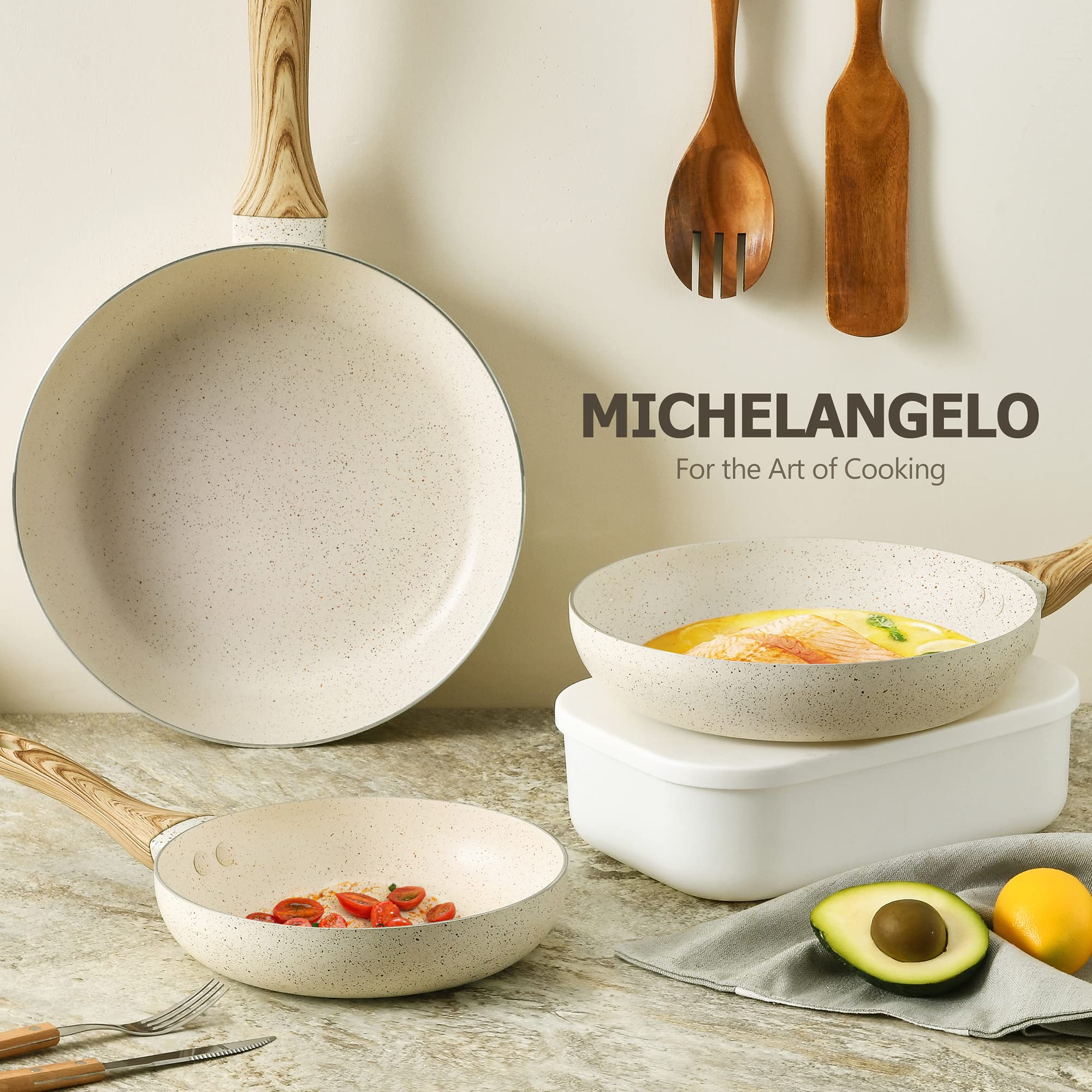 MICHELANGELO Non Stick Frying Pans Set, Granite Frying Pans Nonstick, Nonstick Pan Sets for Cooking, 8 Inch, 9.5 Inch and 11 Inch Nonstick Frying Pan Set with Anti-Scald Handle, White