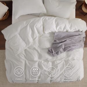 Bedsure 100% Washed Cotton Duvet Cover Queen Size - Natural White Minimalist Duvet Cover for All Seasons - 3 Pieces Plain Simple Cotton Duvet Cover Set with 2 Pillow Shams (White, Queen, 90"x90")