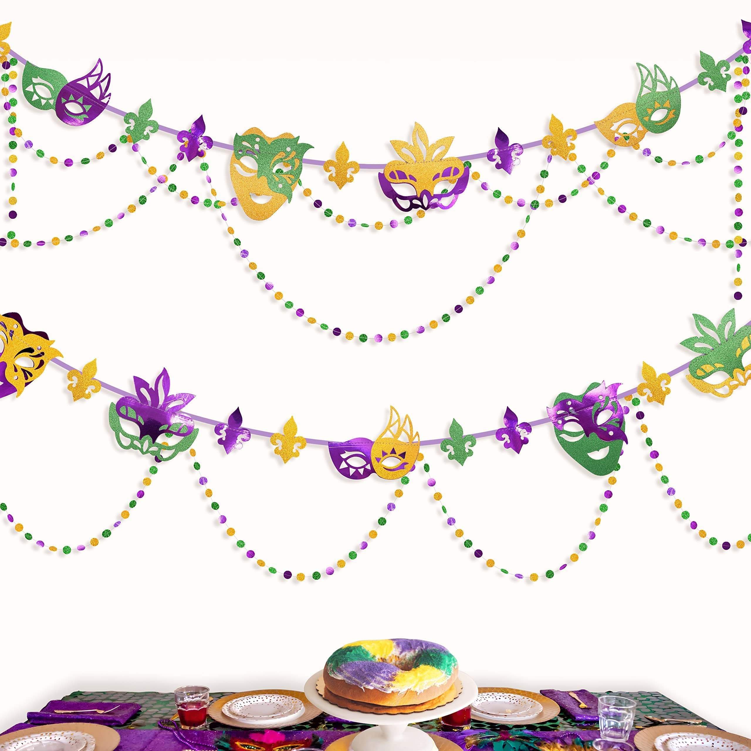 Cheerland Green Purple Gold Mardi Gars Mask Banner Paper Bead Garland Set for Mardi Gars Theme Party Decoration Triangle Flag Bunting for Fat Tuesday Party Supplies New Orleans Party Decor