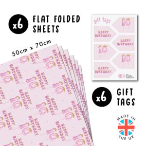 CENTRAL 23 Happy Birthday Wrapping Paper - 10 Year Old - 6 Sheets Pink Wrapping Paper - Girls Birthday Wrapping Paper - 10th Birthday - Comes With Stickers - Recyclable