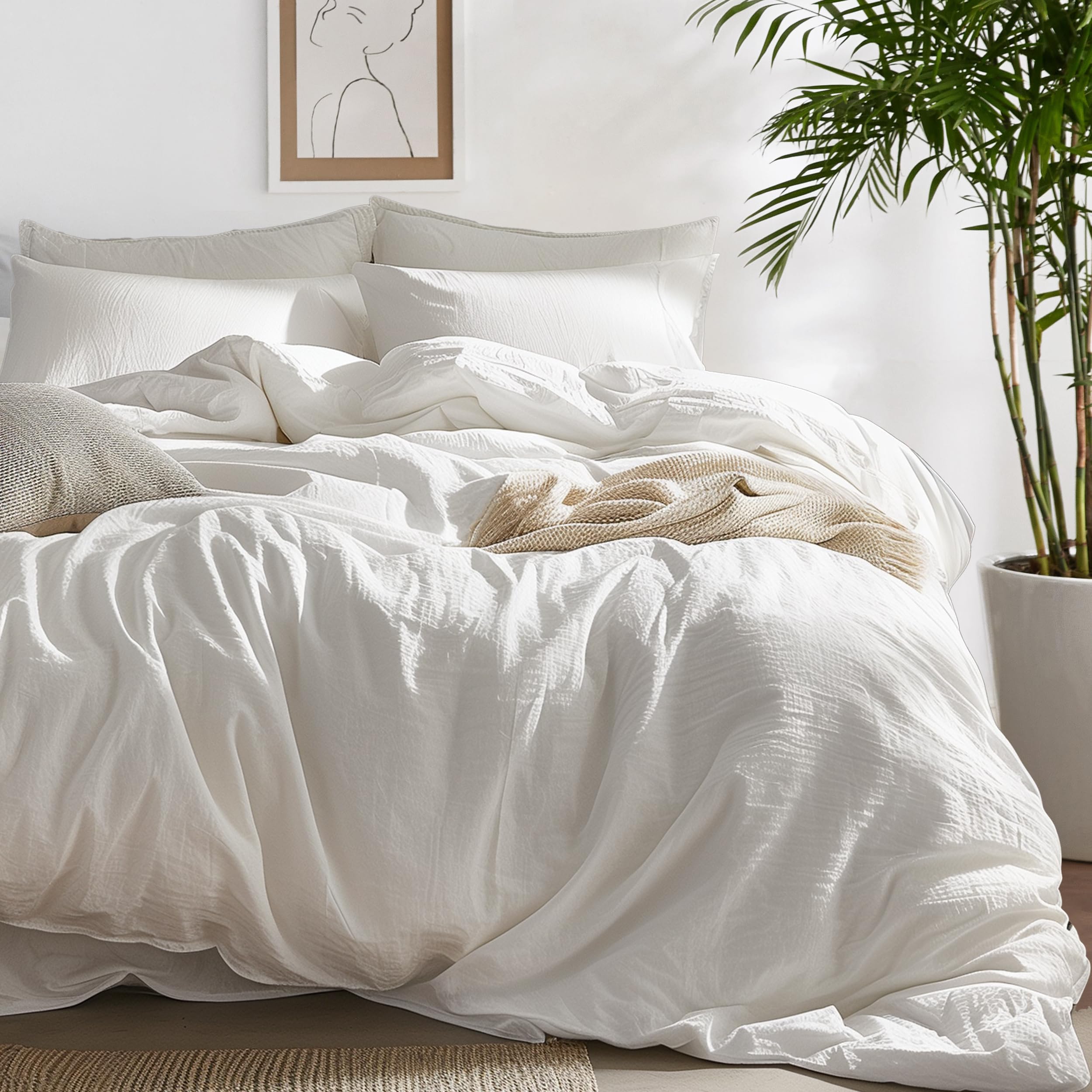 Bedsure 100% Washed Cotton Duvet Cover Queen Size - Natural White Minimalist Duvet Cover for All Seasons - 3 Pieces Plain Simple Cotton Duvet Cover Set with 2 Pillow Shams (White, Queen, 90"x90")