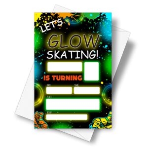 detiho 4" x 6" glow roller skating theme birthday party invitation cards with envelopes - let's glow skating - neon skate party invitation - 20 sets - e41