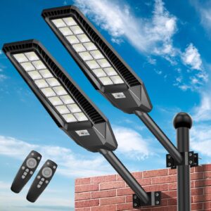 solar street lights 3200 w 2 packs led solar street lights outdoor ip66 waterproof 227,000 lm 7000 k street light dusk to dawn solar power lights with motion sensor and remote control for parking lot