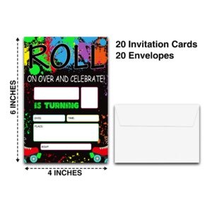 DETIHO 4" x 6" Roller Skating Birthday Party Invitation Cards With Envelopes - Roll On Over And Celebrate - Neon Glow Skate Party Invitation - 20 Sets - E51