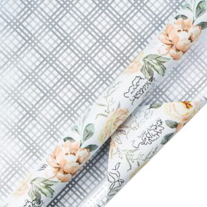 LeZakaa Reversible Silver Foil Wrapping Paper Roll - Silver Flower & Plaid Design for Wedding, Engagement, Bridal Shower, Anniversay, Mother's Day - 17 inches x 32.8 Feet