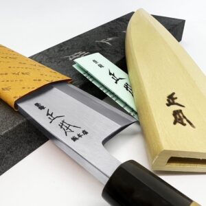 MASAMOTO KS Japanese Deba Knife with Sheath 6.5" (165mm) [HONBAZUKE] Made in JAPAN, Professional Heavy Duty Knife for Fish, Ultra Sharp Japanese Carbon Steel Blade, Wood Wa Handle, Black Ferrule