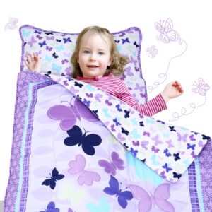 UOMNY Toddler Nap Mat Girls Kids Nap Mats with Removable Pillow and Blanket Butterfly Toddler Sleeping Bag for Preschool Daycare Purple Happy Napper Girls 50x20 Inch