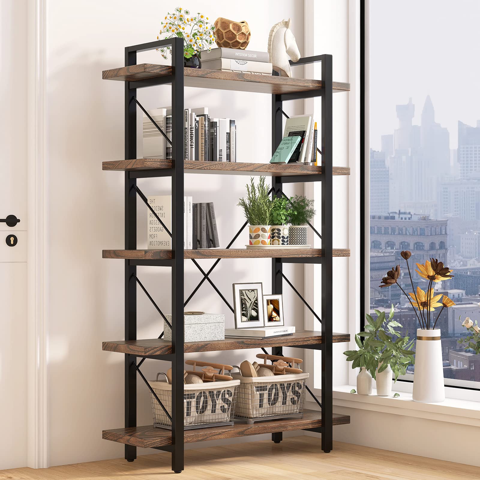 LZ-DONGMAN 5-Tier Bookshelf Large Etagere Book Shelves,Industrial Style Bookcase and Book Shelves,Open Large Real Wood Bookshelfs,Retro Brown for Living Room Office, Retro Brown (LZ01-5tier-PLUS)