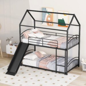 House Bunk Bed with Slide, Twin Over Twin Metal Bunk Bed with Roof and Security Guardrail, Floor Bunk Bed for Kids Teens Boys & Girls, Convertible Design (Black)