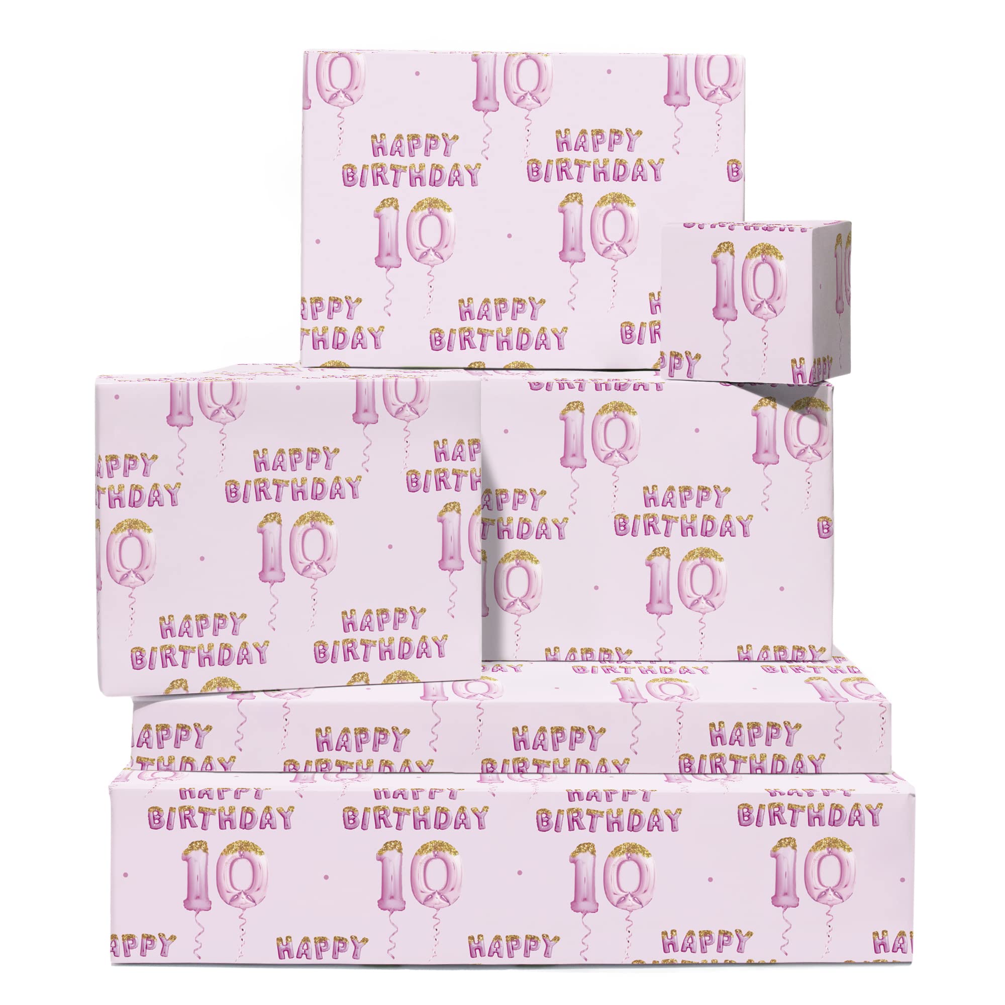 CENTRAL 23 Happy Birthday Wrapping Paper - 10 Year Old - 6 Sheets Pink Wrapping Paper - Girls Birthday Wrapping Paper - 10th Birthday - Comes With Stickers - Recyclable