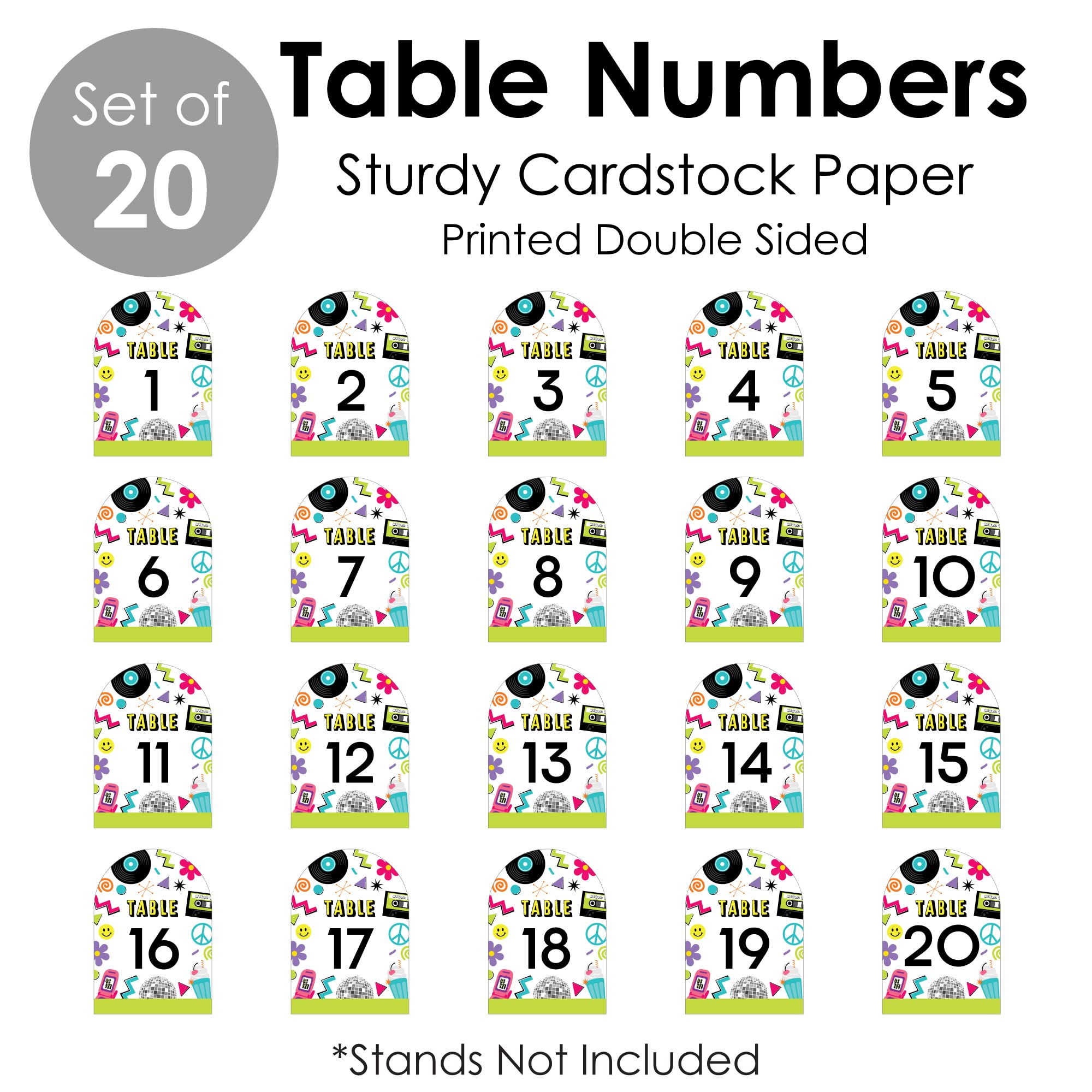 Big Dot of Happiness Through the Decades - 50s, 60s, 70s, 80s, and 90s Party Double-Sided 5 x 7 inches Cards - Table Numbers - 1-20