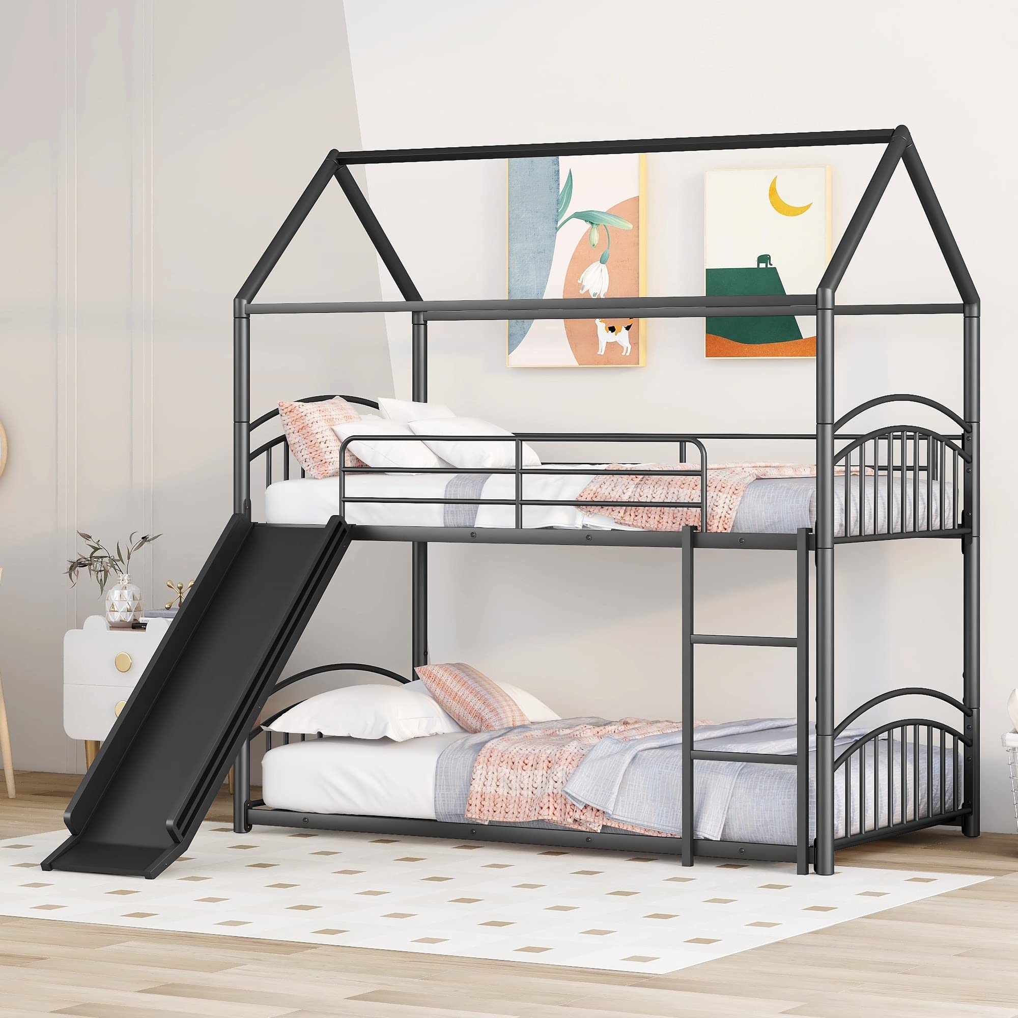 House Bunk Bed with Slide, Twin Over Twin Metal Bunk Bed with Roof and Security Guardrail, Floor Bunk Bed for Kids Teens Boys & Girls, Convertible Design (Black)