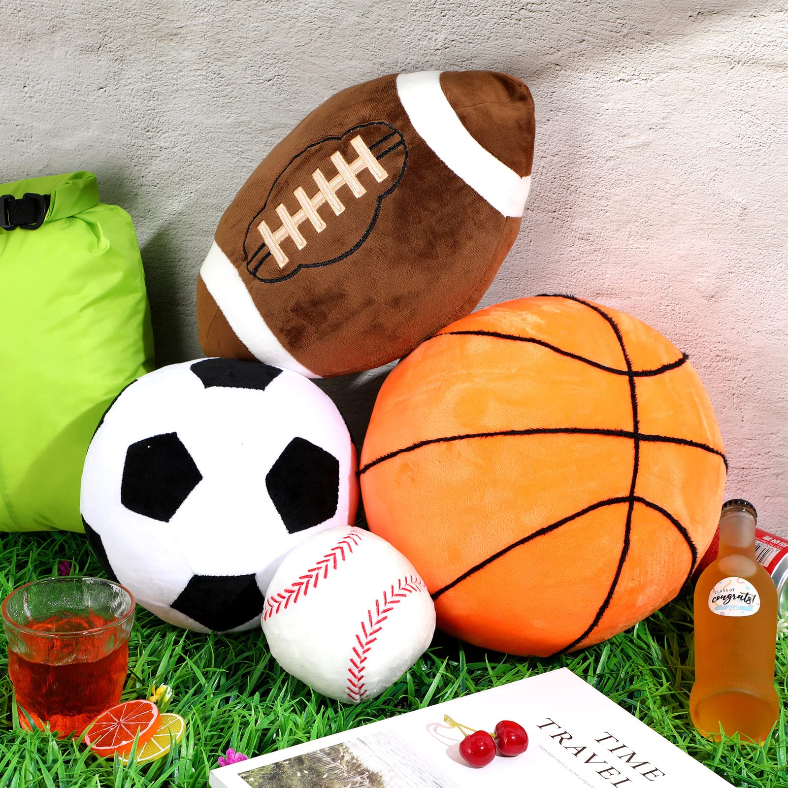 Sratte 4 Pcs Stuffed Sports Pillows Toy Set, Soft Plush Basketball Soccer Ball Football Baseball Pillow Sports Shaped Throw Pillows Cute Cushion Pillow for Room Bedroom Decor Indoor Gifts