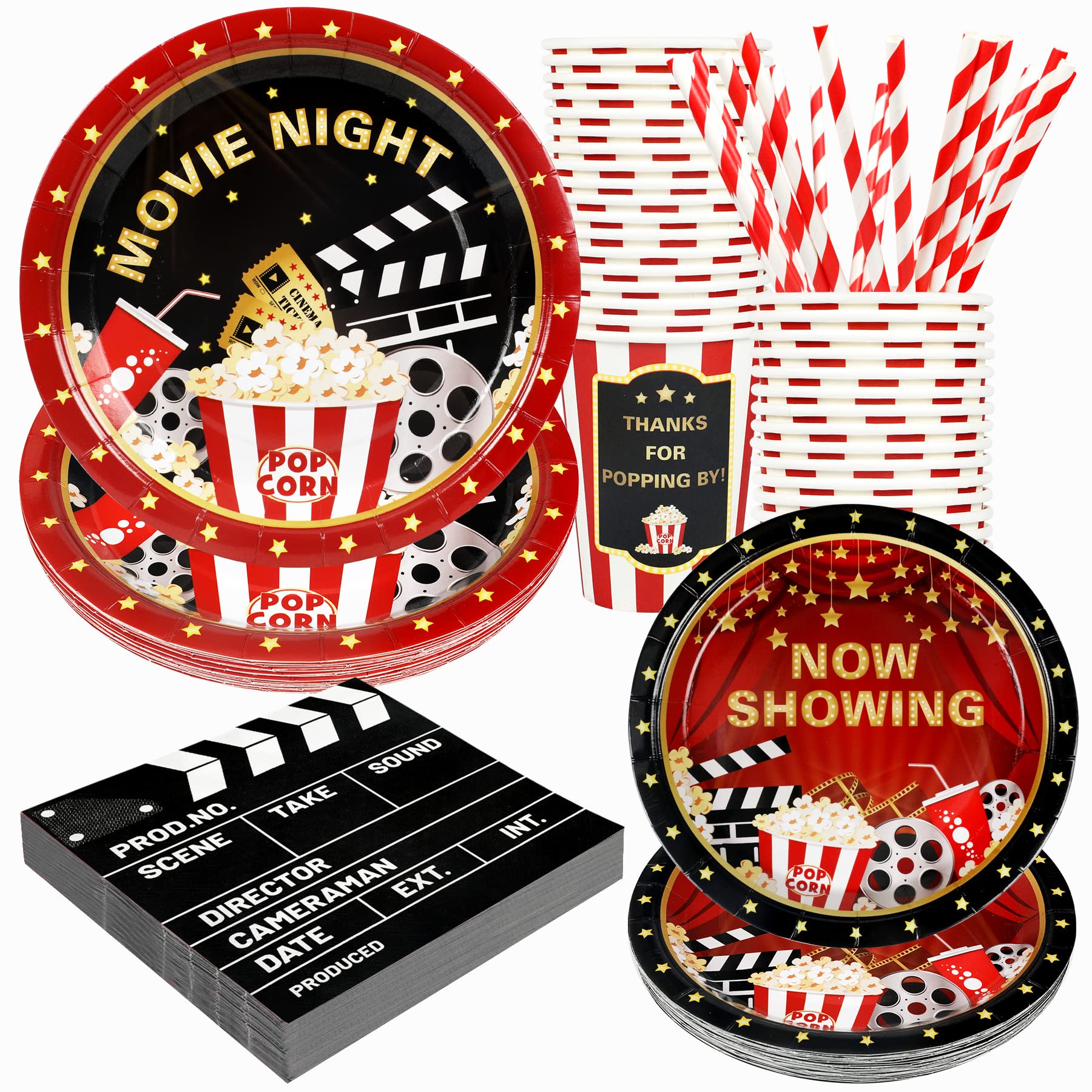 Recheel Movie Night Party Supplies Decorations, Movie Theme Birthday Paper Plates and Napkins Set with Cups and Straws for 24 Guests, 120 Pcs Disposable Party Snack Dinnerwares