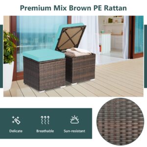 Tangkula 2 Pieces Patio Ottomans, Patiojoy Hand-Woven PE Rattan Side Table with Removable Cushion & Hidden Storage Space, Multifunctional Storage Box, Seat for Patio, Backyard, Poolside (Turquoise)