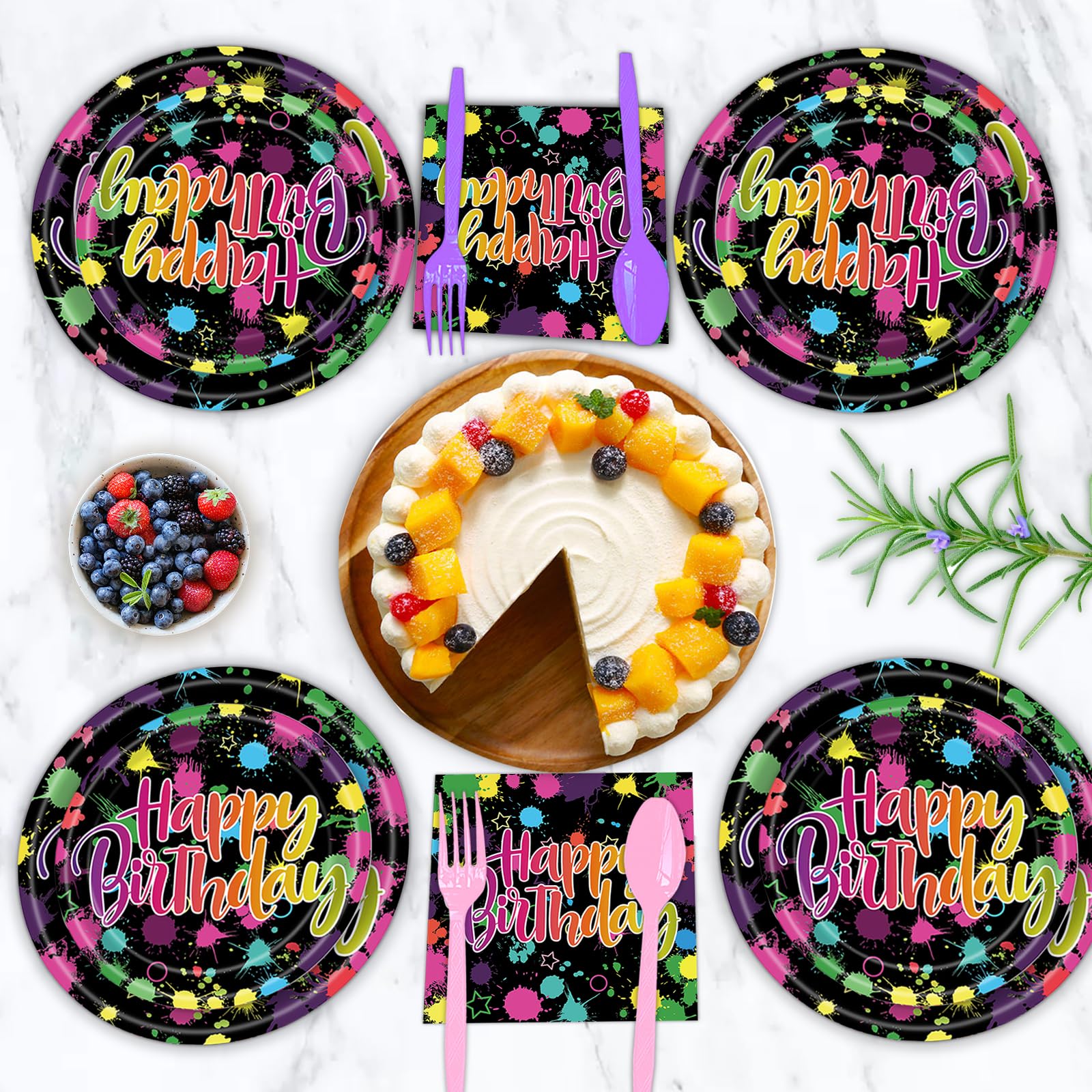 TeeFity 120 Pcs Neon Glow Birthday Party Tableware Set, Party Table Decorations Supplies Include 7 Inch and 9 Inch Paper Plates, Napkins and Forks Spoons for 24 Guests