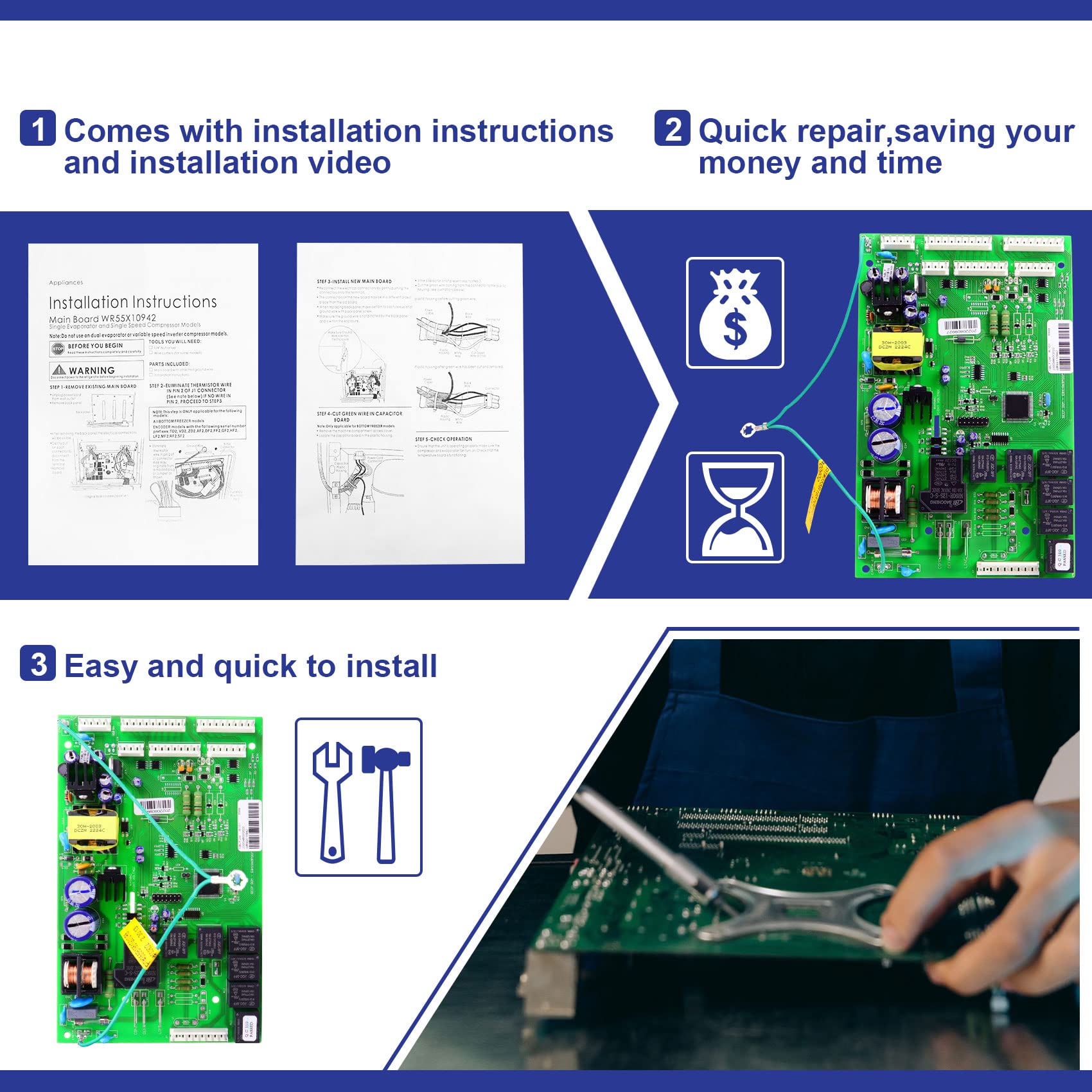 𝑺𝒐𝒐𝒃𝒐𝒐𝒍 𝑵𝒆𝒘 WR55X10942C WR55X10942 Control Board from Factory Retail Box，Compatible with Ge Refrigerator Main Control Board/Motherboard, New Chips from PCBA Factory Parts -1 Yr