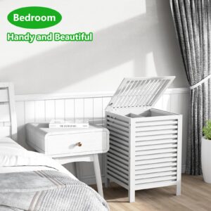 Laundry Hamper with Lid, 120 L Large Double hampers for laundry, Bamboo Two section divided Clothes Basket sorter for Bathroom, Bedroom with Removable Liner Bags,White