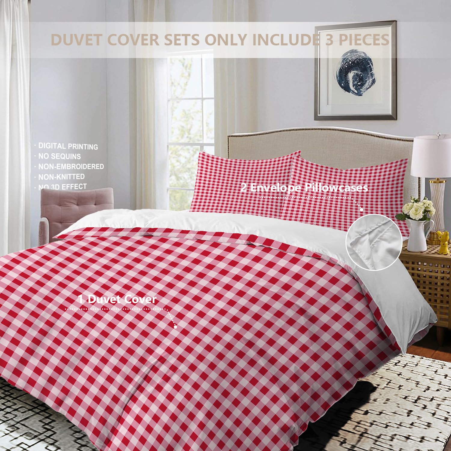 BaoNews Red White Gingham Duvet Cover Set Twin Size,3 Pieces Square Red Tablecloth Plaid Blanket Bedding Set Hotel Quality 100% Cotton Comforter Cover Set with 2 Pillowcases(No Filler)