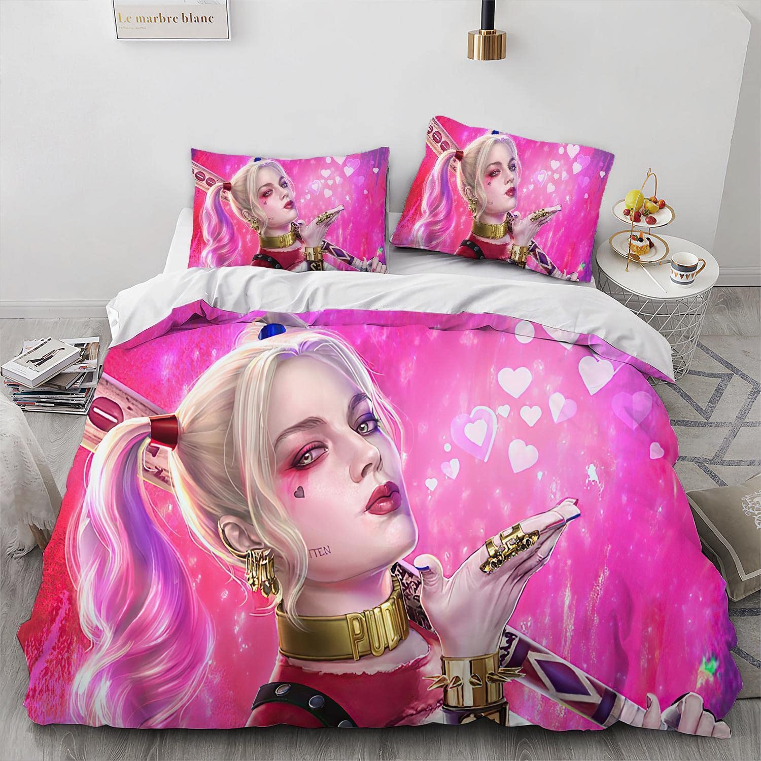 NICHIYOBI Anime Joker Girl X Team Quinn Duvet Cover 3D Bedding Comforter Cover 3 Pcs (1 Duvet Cover +2 Pillowcases) Bedding Set (02,King-104x90in+20x30in*2)