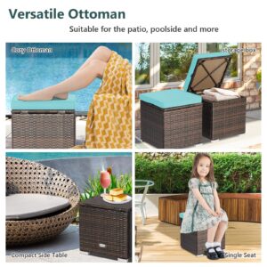 Tangkula 2 Pieces Patio Ottomans, Patiojoy Hand-Woven PE Rattan Side Table with Removable Cushion & Hidden Storage Space, Multifunctional Storage Box, Seat for Patio, Backyard, Poolside (Turquoise)