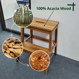 Solid Wooden Utility Step Stool for Adult,Sturdy Acacia Wood 2 Steps Ladder Bedside Step Helper for Kitchen,Bathroom,Bedroom,350lb Load Capacity (Natural)