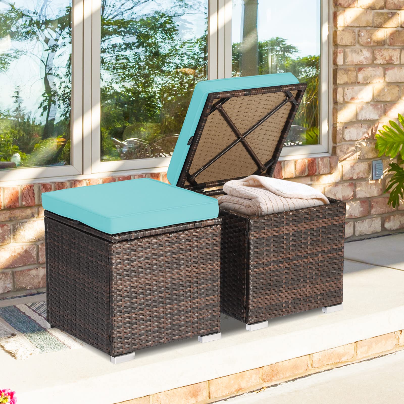 Tangkula 2 Pieces Patio Ottomans, Patiojoy Hand-Woven PE Rattan Side Table with Removable Cushion & Hidden Storage Space, Multifunctional Storage Box, Seat for Patio, Backyard, Poolside (Turquoise)