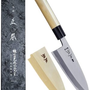 MASAMOTO KS Japanese Deba Knife with Sheath 6.5" (165mm) [HONBAZUKE] Made in JAPAN, Professional Heavy Duty Knife for Fish, Ultra Sharp Japanese Carbon Steel Blade, Wood Wa Handle, Black Ferrule