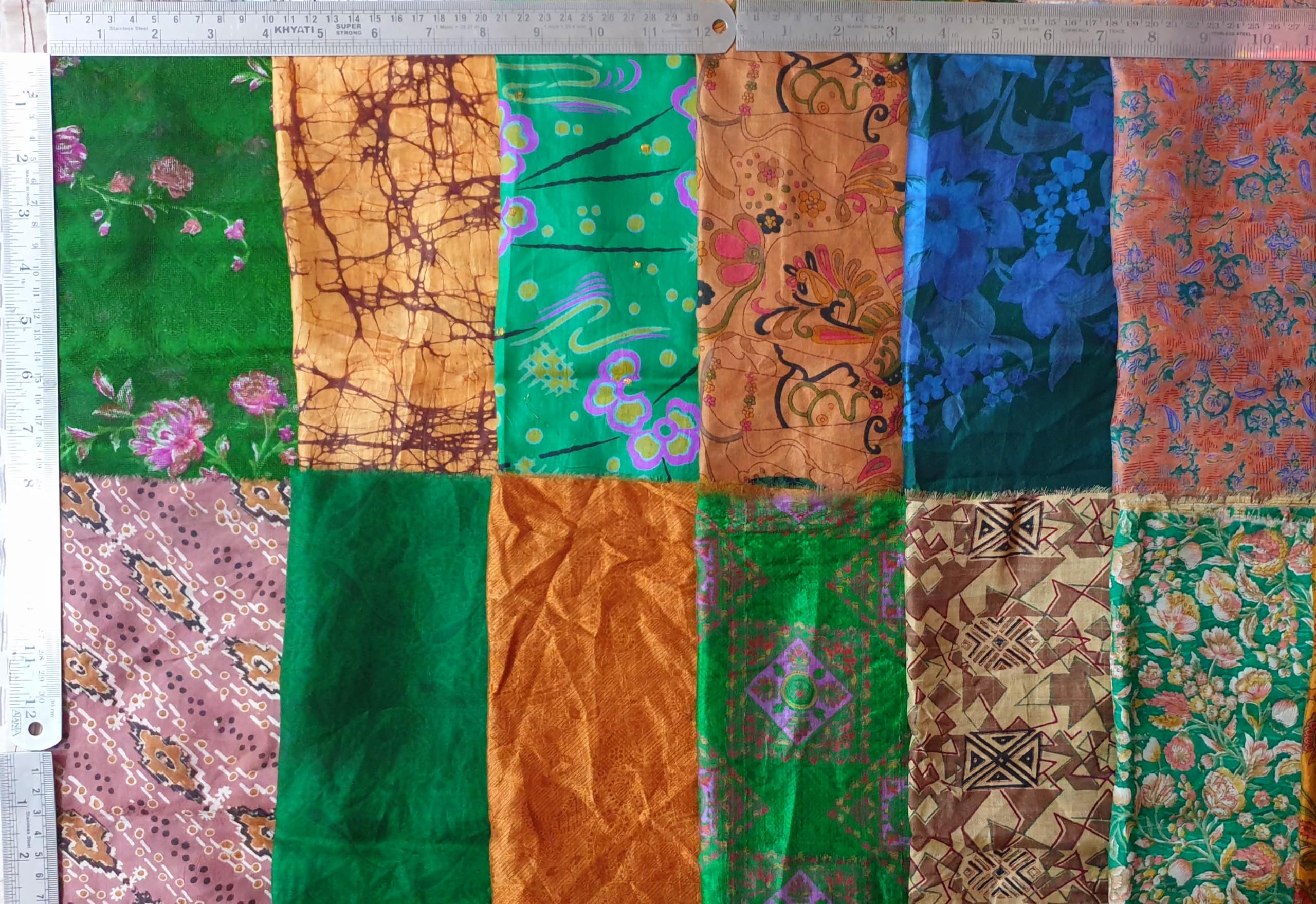 Vintage Sari Fabric 14 Pcs Brown & Green 12"*20" Silk Sari Scrap Remnants Lot for Journal Scrapbook Wrap Craft Project Jewelry Applique DIY Gift Wrap BRGR14