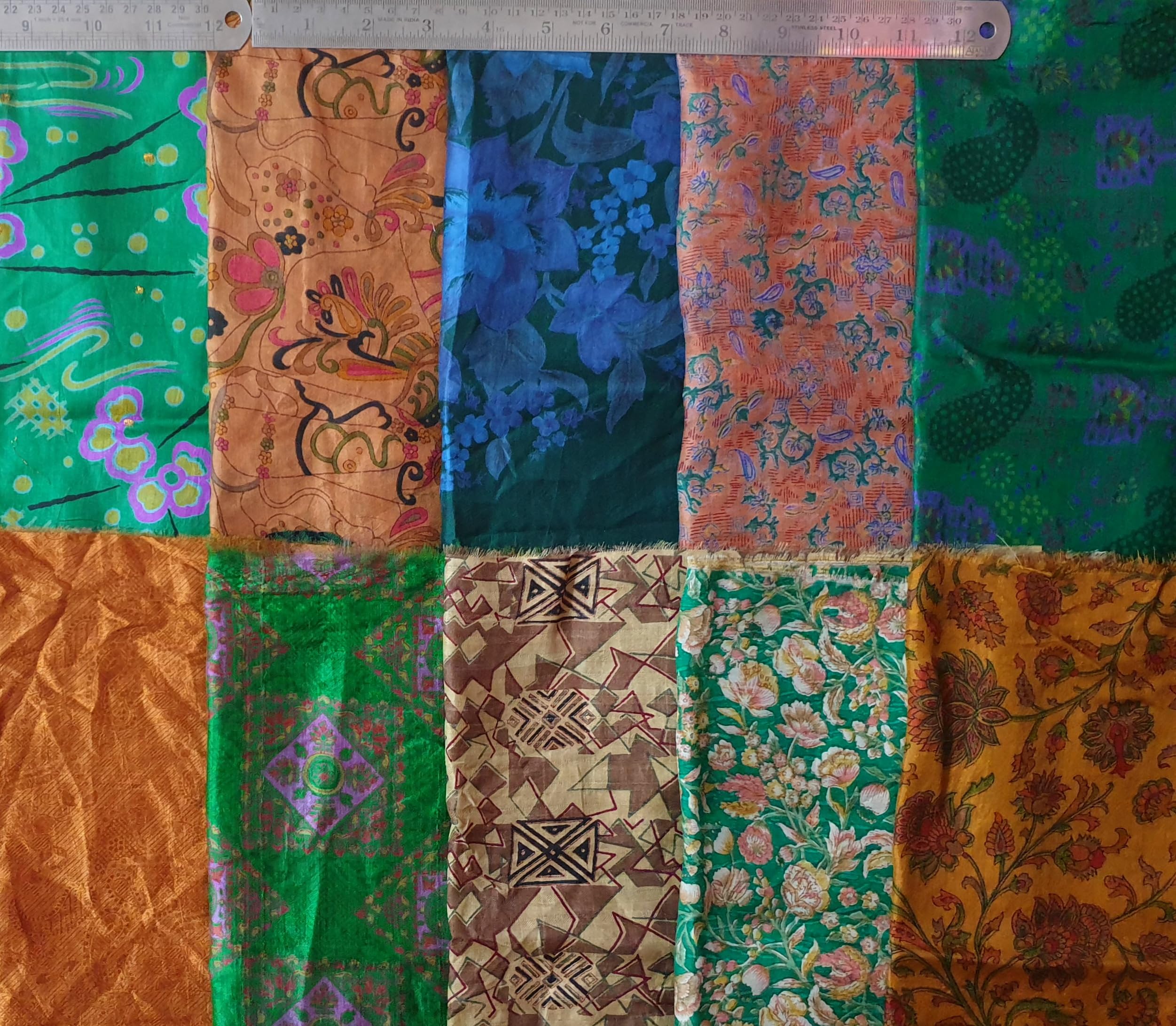 Vintage Sari Fabric 14 Pcs Brown & Green 12"*20" Silk Sari Scrap Remnants Lot for Journal Scrapbook Wrap Craft Project Jewelry Applique DIY Gift Wrap BRGR14