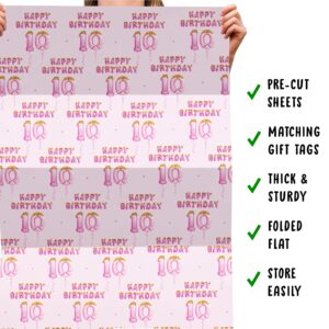 CENTRAL 23 Happy Birthday Wrapping Paper - 10 Year Old - 6 Sheets Pink Wrapping Paper - Girls Birthday Wrapping Paper - 10th Birthday - Comes With Stickers - Recyclable