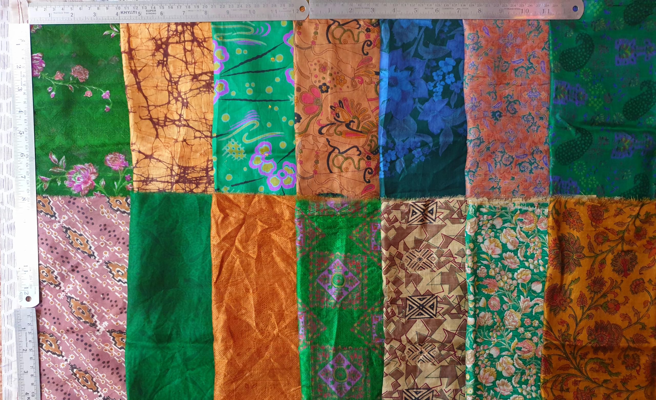 Vintage Sari Fabric 14 Pcs Brown & Green 12"*20" Silk Sari Scrap Remnants Lot for Journal Scrapbook Wrap Craft Project Jewelry Applique DIY Gift Wrap BRGR14