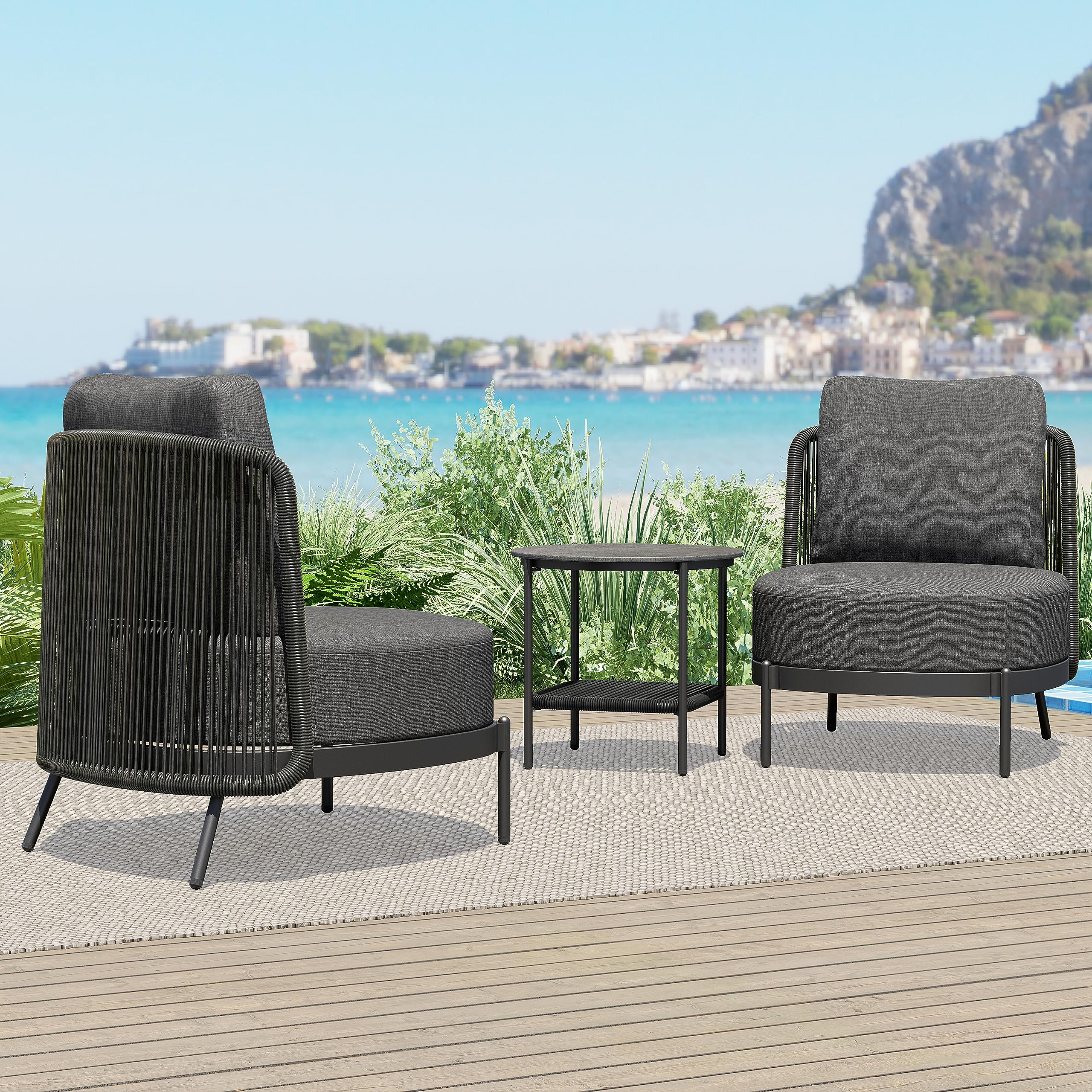 Grand patio Outdoor 3-Piece Conversation Seating Set - Low Slung Comfort, Lightweight Aluminum Frame, Water-Resistant 6.25" Thick Cushions - Dark Gray