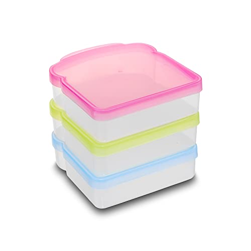 Kitchen & Cabana Small Sandwich Containers in 3 Fun Colors - Easy Open & Close and BPA Free (3 Pack - Blue/Green/Pink)