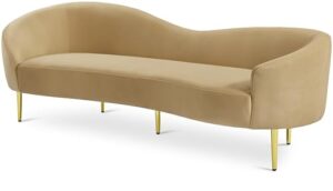 meridian furniture 659camel-s ritz collection modern | contemporary upholstered sofa with rich camel velvet, gold metal legs, curved contemporary design, 85.5" w x 31.75" d x 30.5" h, camel