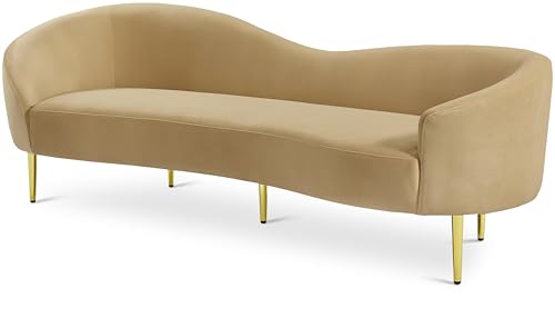 Meridian Furniture 659Camel-S Ritz Collection Modern | Contemporary Upholstered Sofa with Rich Camel Velvet, Gold Metal Legs, Curved Contemporary Design, 85.5" W x 31.75" D x 30.5" H, Camel